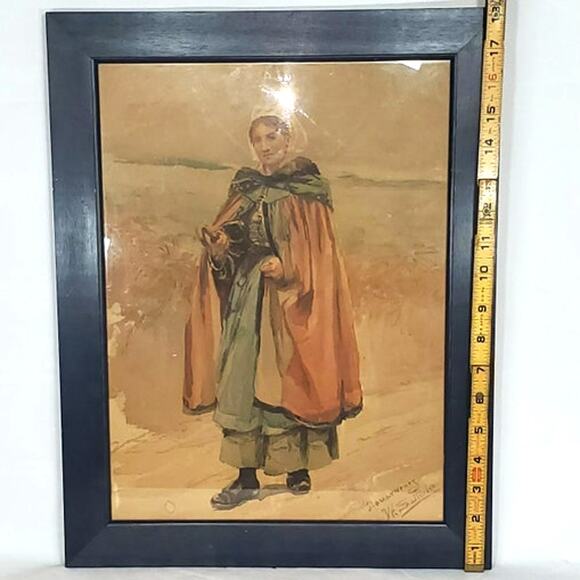 Vintage W.S. Satterlee Framed Art Print – Woman in Countryside Cloak Scene 14x18 - Picture 1 of 5